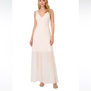 Adrianna Papell Embellished Illusion V-Neck Maxi Gown